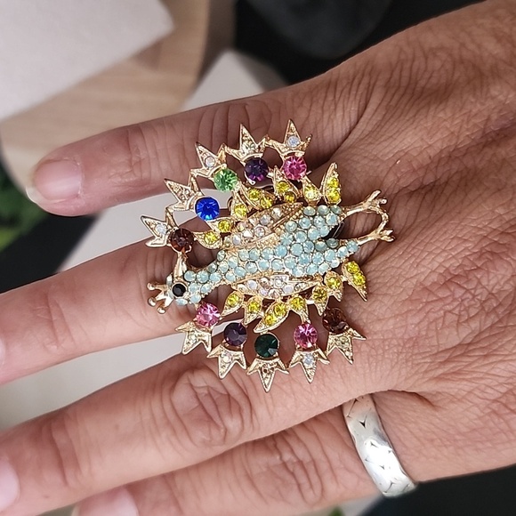 Gold with Multi Color Crystals Peacock Stretch Ring - Picture 6 of 7